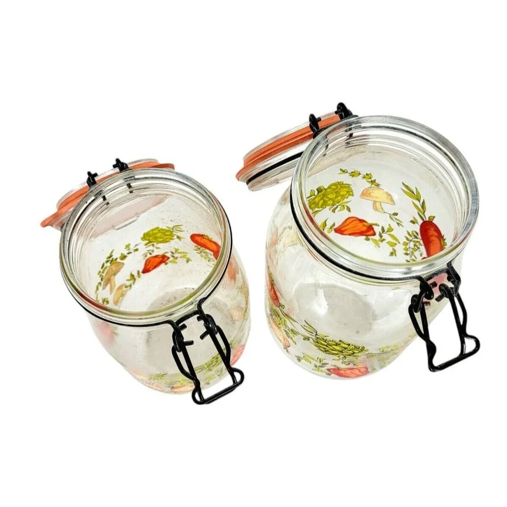 VTG 70s MCM Spice of Life CorningWare Glass Mushroom Vegetable Jars 1.5  2 liter